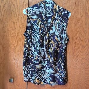 Kasper, Ladies, Purple, Gold, Black & White Blouse with Tie; Size XL